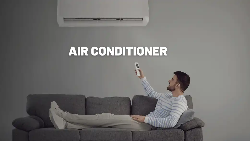 Man turning on air conditioner with remote control